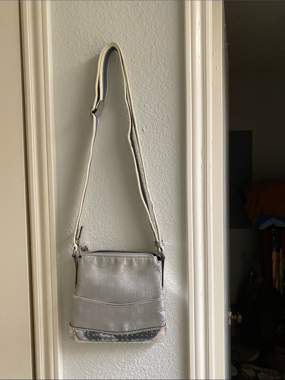 Gucci Silver Monogram Crossbody with Striped Web Strap - Picture 7 of 11